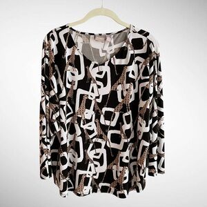 Chico’s Cheetah Black & White Pullover Blouse Bracelet Sleeves Size 3